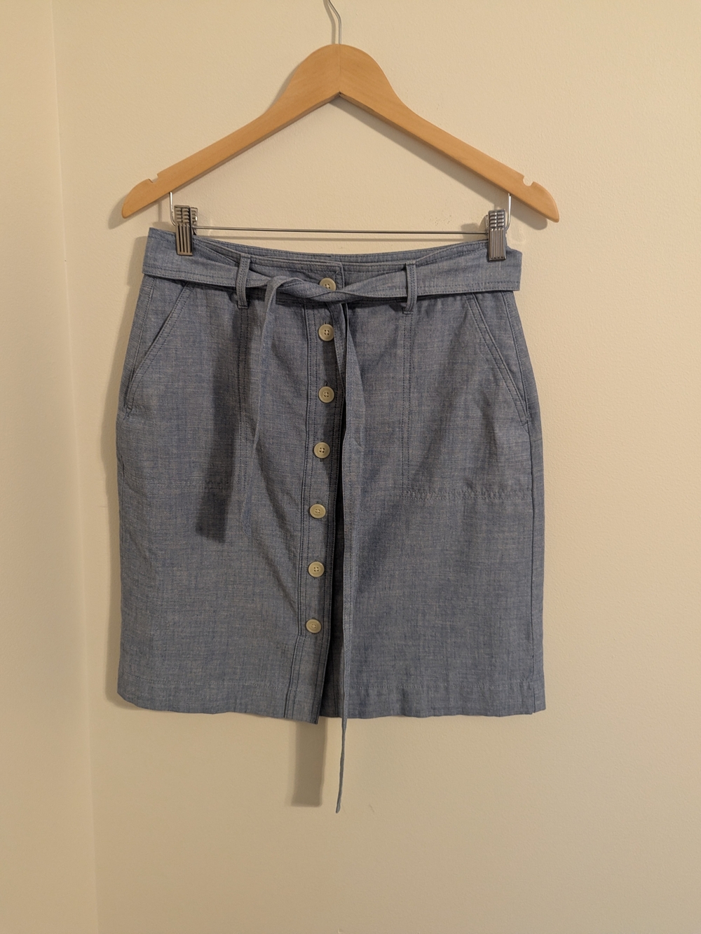 Talbots Chambray Button-Front Mini Skirt in Light Blue